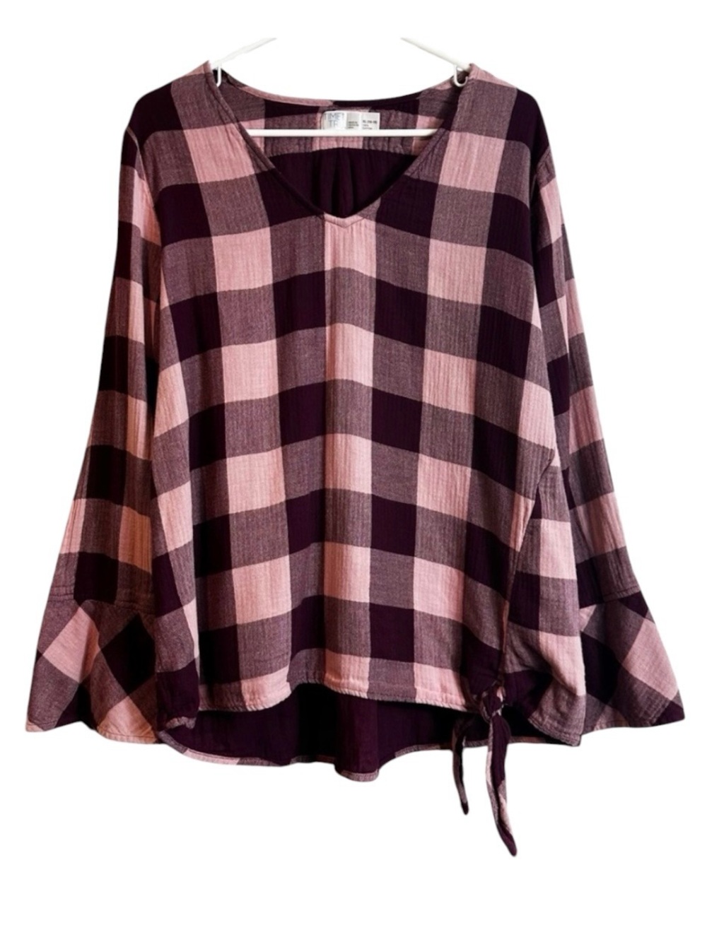Time And Tru Double Cloth Cotton V Neck Pink Plum Plaid Twist Waist Blouse